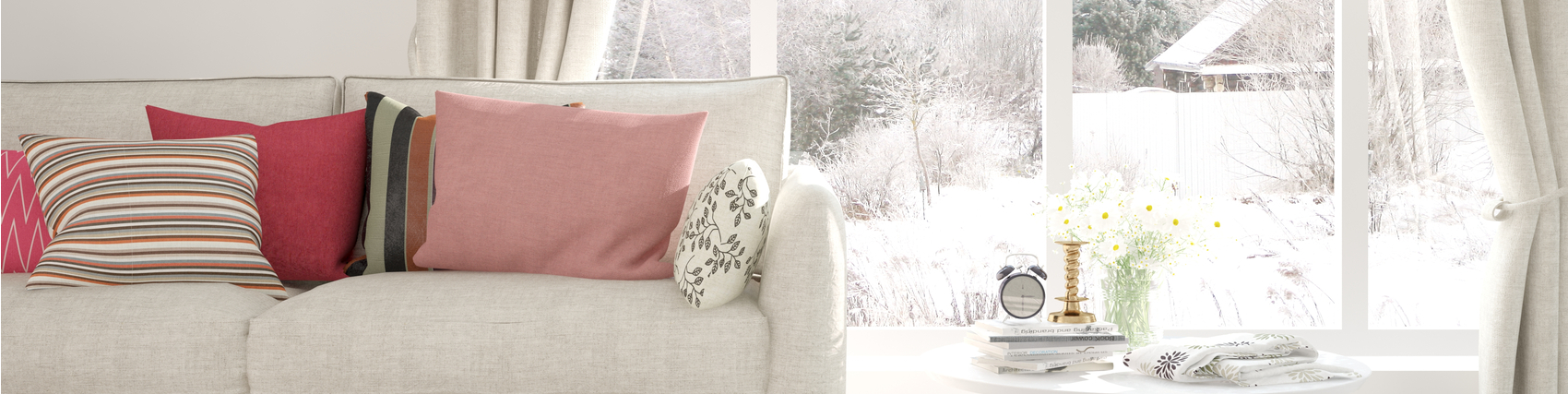 Cozy couch inside with colder winter outside