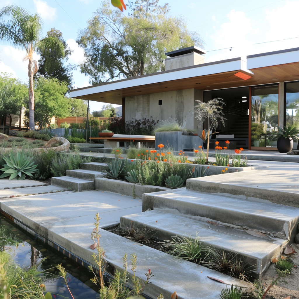 A backyards with elegant concrete steps integrated with flowers and plants.