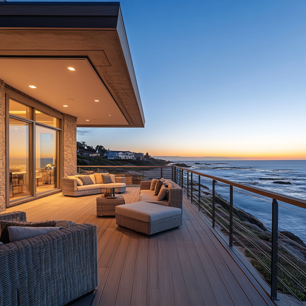 A modern beachside house with a deck. Evening, soft lighting. Depicts deck designs for coastal homes.