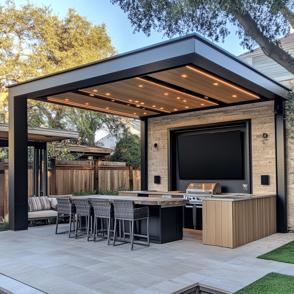 A pergola with integrated smart home technology, including LED lights, a large screen, etc/