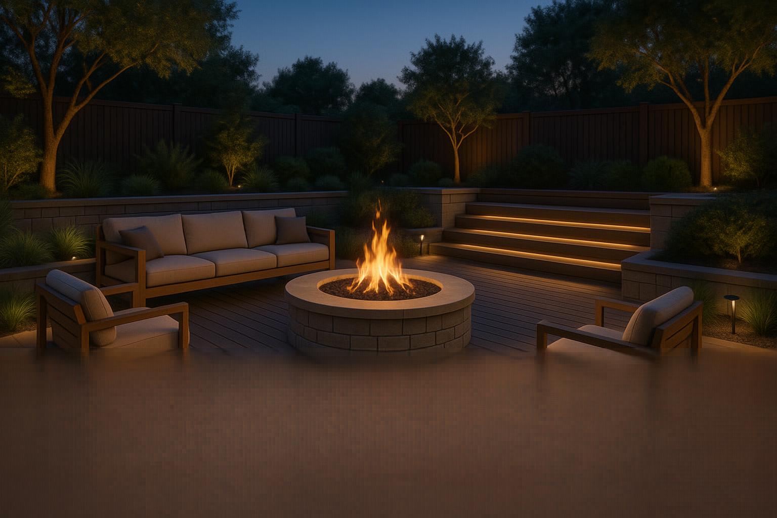 A fire pit at the center of a deck, surrounded by furniture. Around the outside, there are steps (that lead down to the deck) that are part of hardscaping elements.