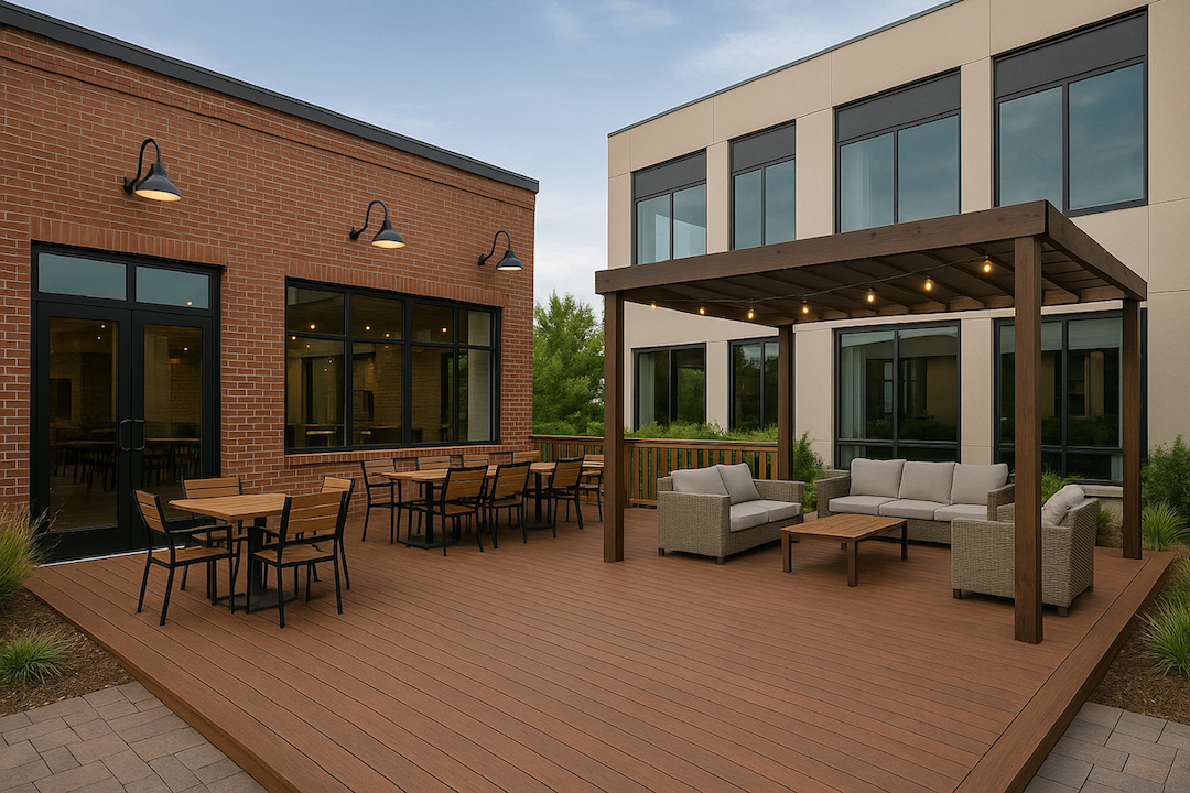 A modern office building with a professionally designed outdoor space.