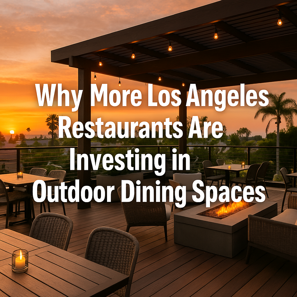 Outdoor restaurant deck in Los Angeles with woven chairs, a pergola, fire pit, and soft lighting at sunset, designed for relaxed upscale dining, promoting why more Los Angeles restaurants are investing in outdoor dining spaces.