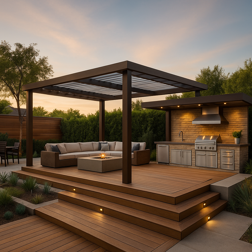 Southern California backyard with custom deck, pergola, and outdoor kitchen designed for multifunctional outdoor living