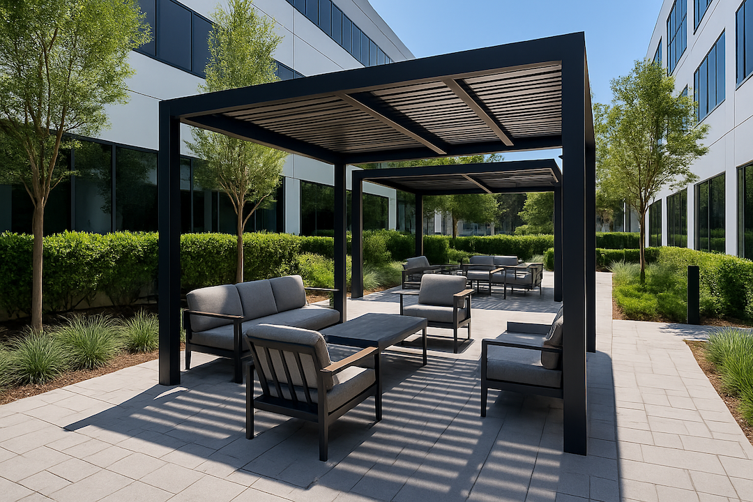 Modern outdoor break area at a Southern California office building, featuring sleek pergolas, contemporary seating, and minimalist landscaping.