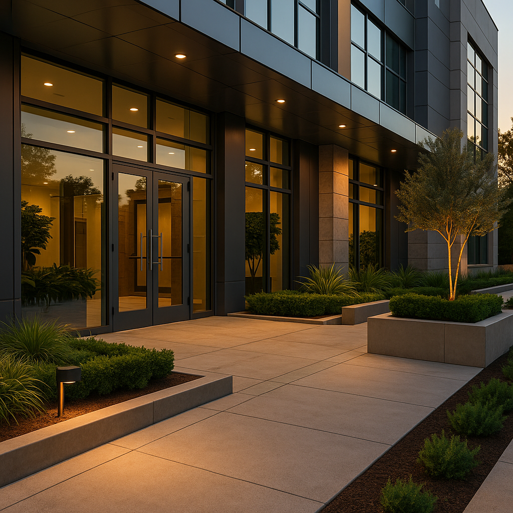 Modern commercial building entrance in Los Angeles at sunset with clean concrete walkway, integrated planters, and minimalist lighting, illustrating commercial curb appeal.