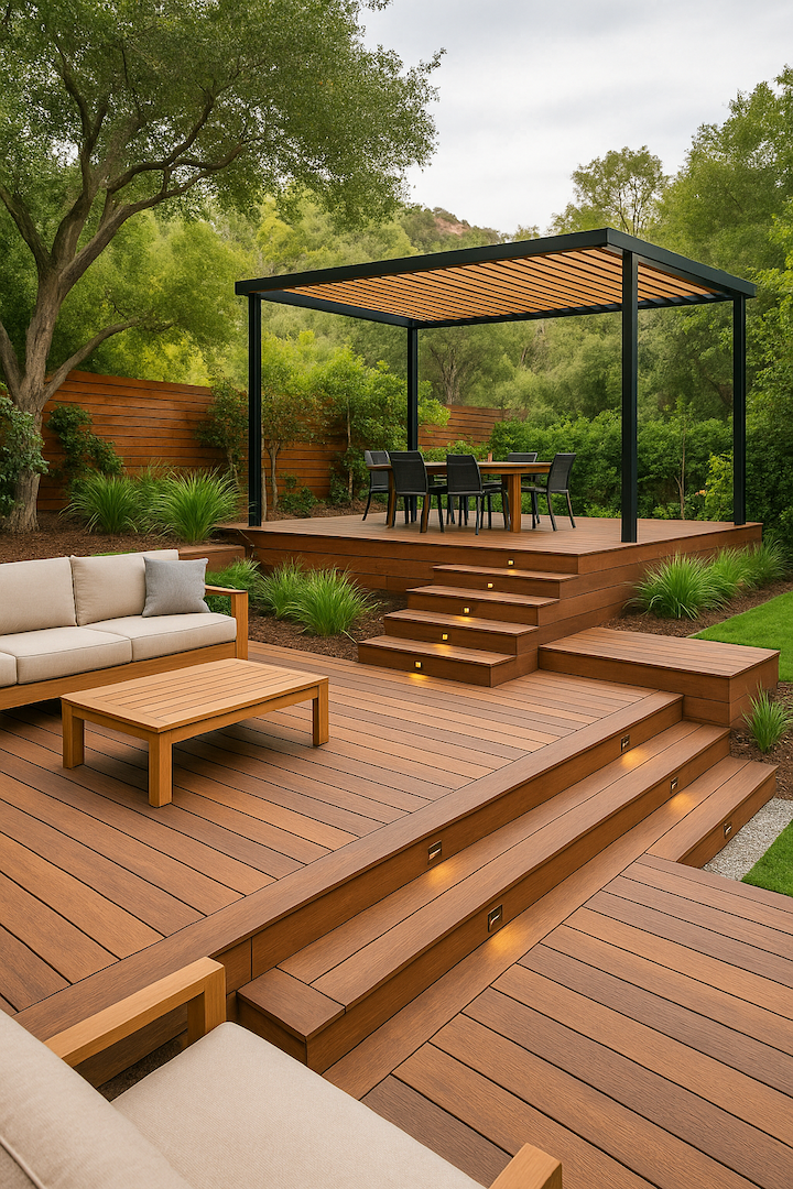 Multi-level deck in a Southern California backyard with wood and composite finishes, built-in planters, and hillside views.