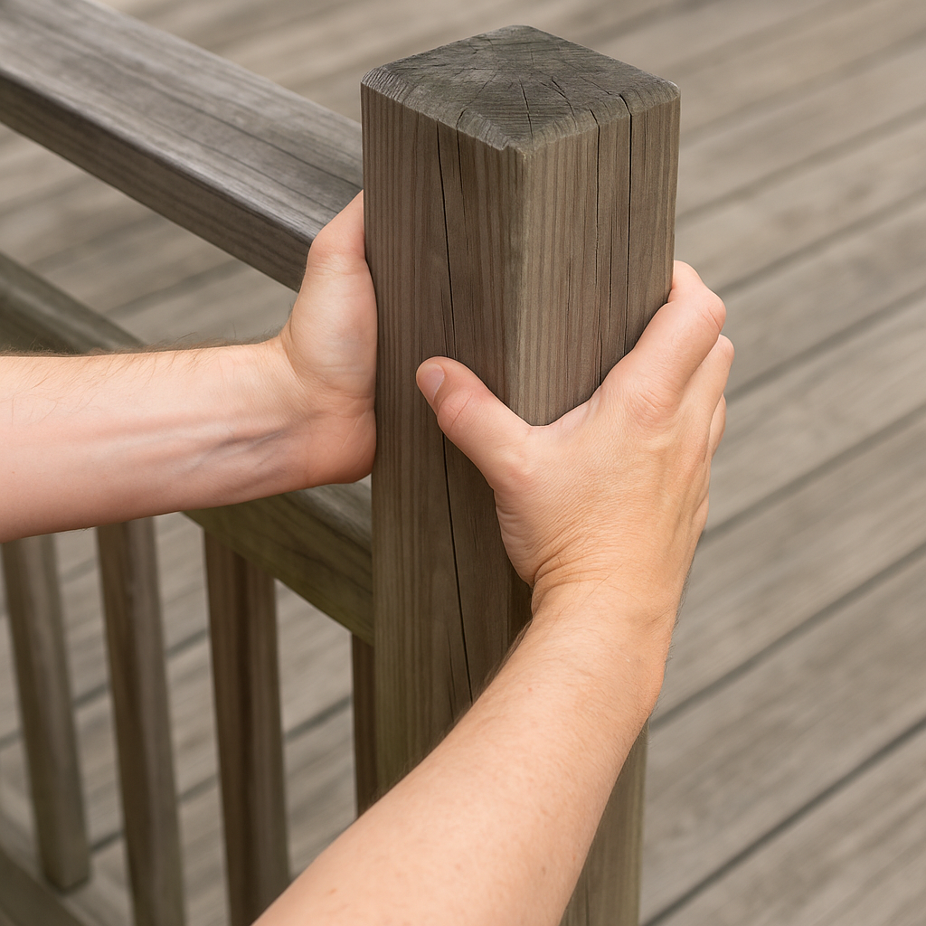 As part of a deck inspection, two hands are grabbing a post to check for stability.